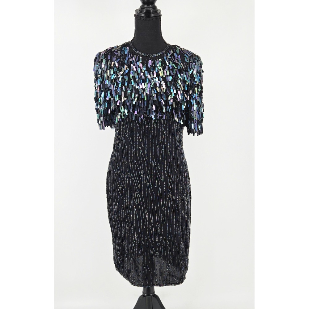 Laurence Kazar Iridescent Sequin Silk Cape Dress Prom Homecoming Wedding M VTG